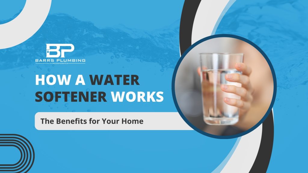 A rich blue graphic reading "How a water softener works: the benefits for your home." To the right there is an image of a hand holding a clear glass of water.