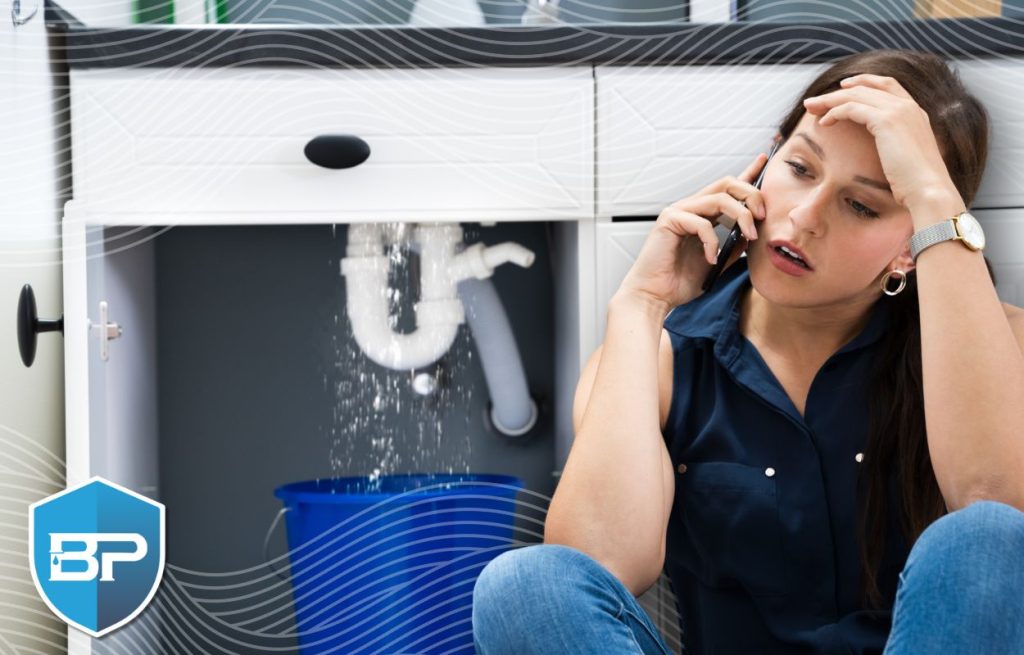 This is an image of a woman underneath her kitchen sink because it's leaking. She is on the phone calling bars, plumbing.
