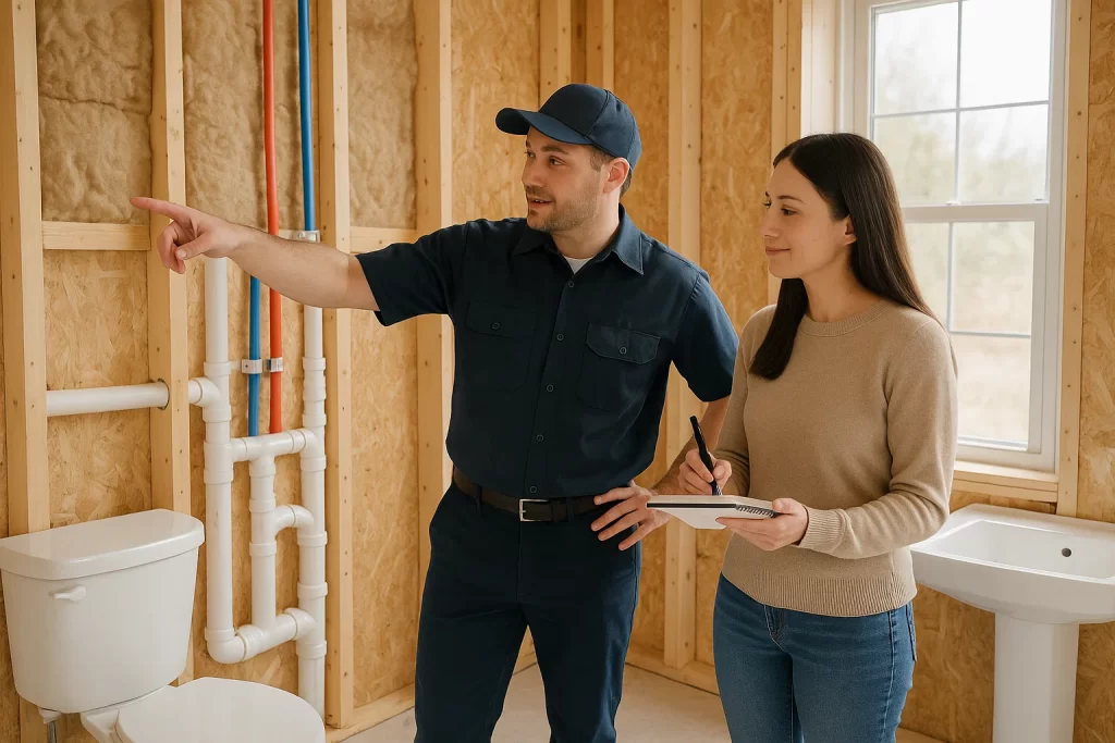 Plumber explaining plumbing layout and vent pipes in a bathroom under renovation