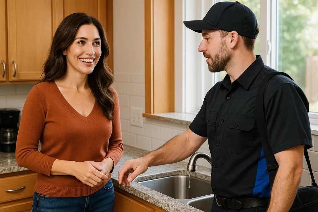 Homeowner discussing faucet repair with professional plumber in Lake City kitchen