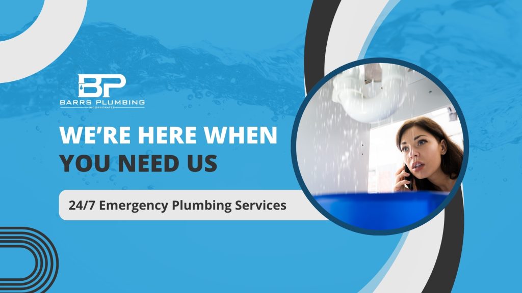 A blue graphic that reads "We're here when you need us: 24/7 Emergency Plumbing Services." To the right is a worried woman with a phone to her ear, watching the pipes under her sink overflow into a bucket.