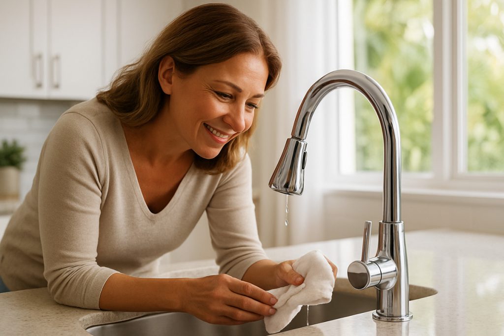 Smiling woman checking for faucet drips in a bright kitchen, demonstrating preventive maintenance steps.