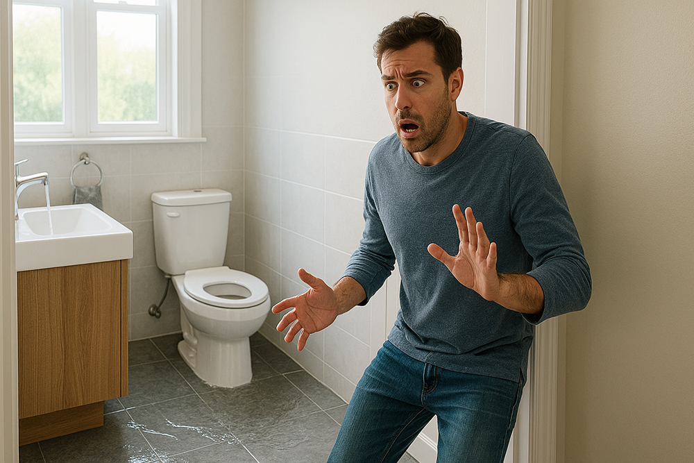 homeowner panicked at overflowing toilet in bathroom doorway