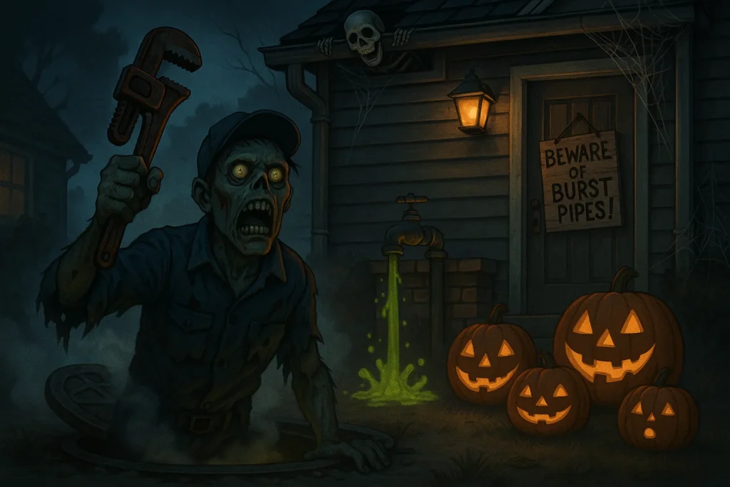 Haunted Halloween yard with zombie plumber emerging from manhole, leaky faucet spewing green slime, and skeleton in clogged gutter.