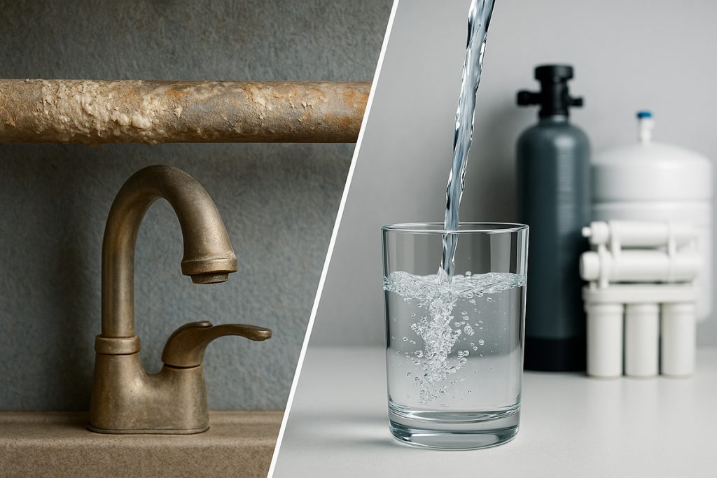 A split‑scene visual: left half shows hard water buildup (scale on pipes, dull faucet), transitioning into crystal-clear water flowing into a glass on the right, with the water softener + RO units faintly visible in the background, symbolizing transformation.