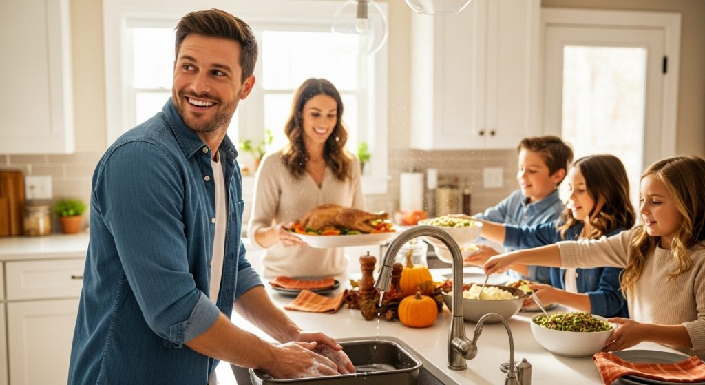 A smiling man is using his kitchen sink as he watches his family take Thanksgiving dishes from the kitchen counter. He is looking at his family.