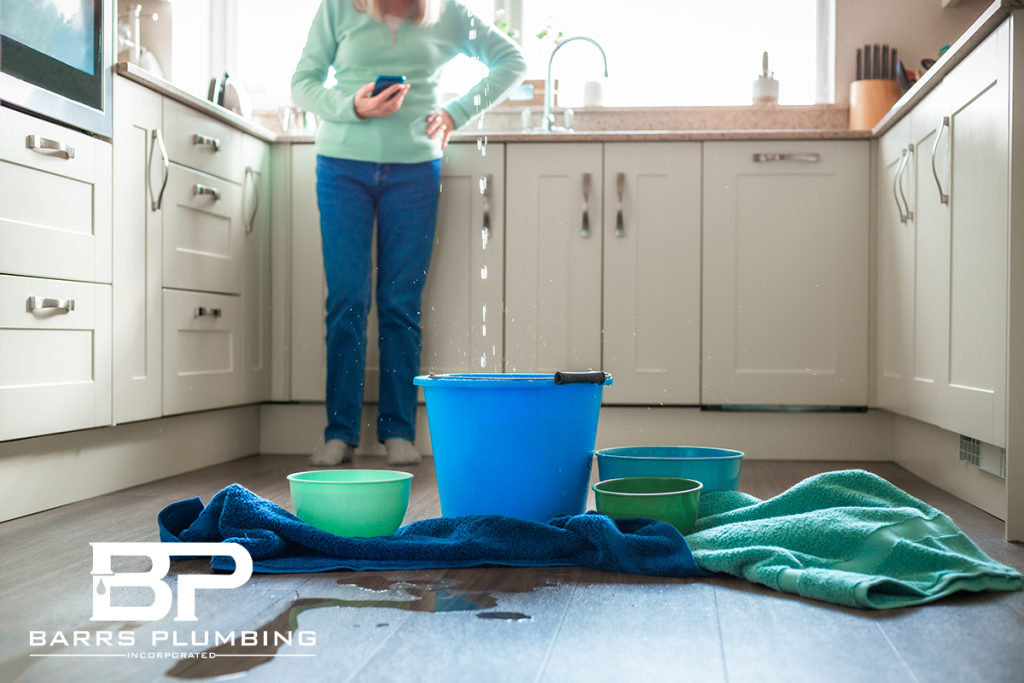 Worried home owner dealing with water leak in the kitchen