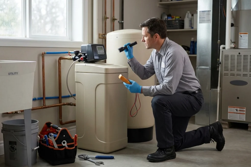 Plumber inspecting residential water softener system